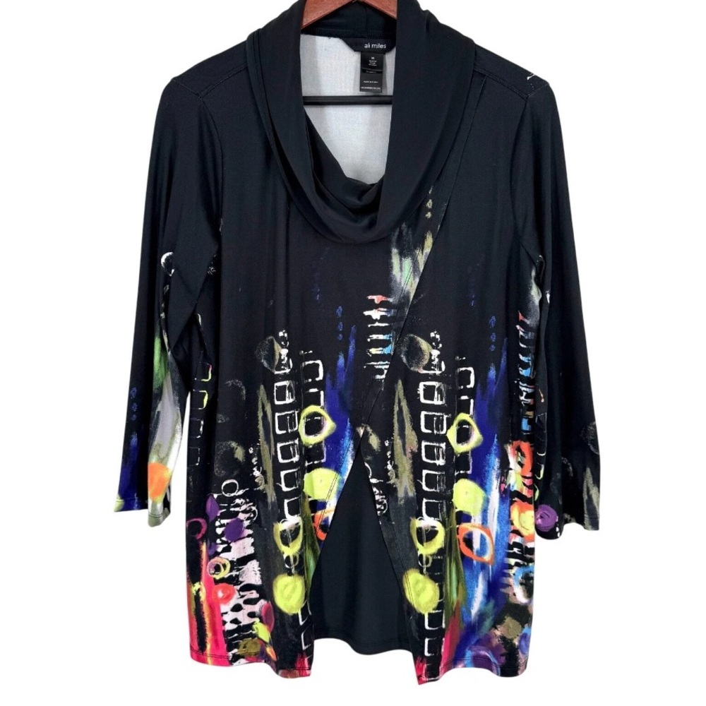 Ali Miles Tunic Top LG Black/Multicolor Artsy Lagenlook Stretch 3/4 Sleeve